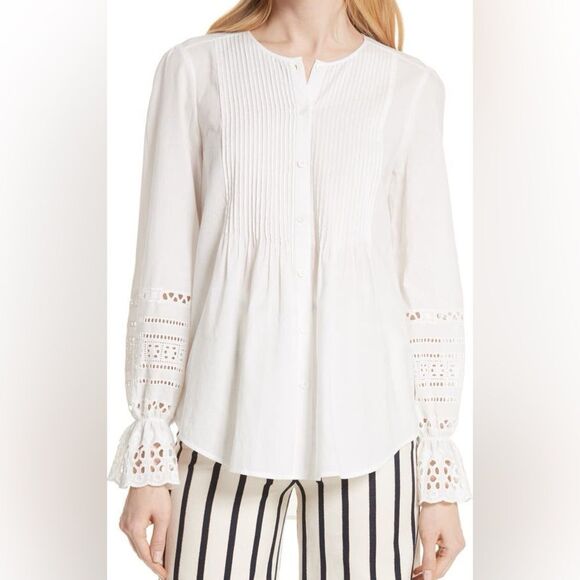 Veronica Beard White Mili Eyelet Sleeve Poplin Blouse Size 4 - Picture 1 of 16
